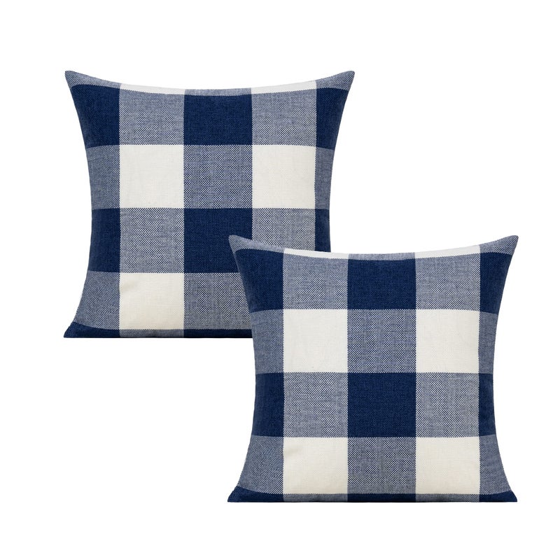 VAKADO Dark Blue White 20x20 inch Decorative Throw Pillow Covers Farmhouse Retro Buffalo Plaid Checkered Cushion Cases Home DÃ©cor Set of 2 for Couch Sofa Patio Outdoor - Image 1